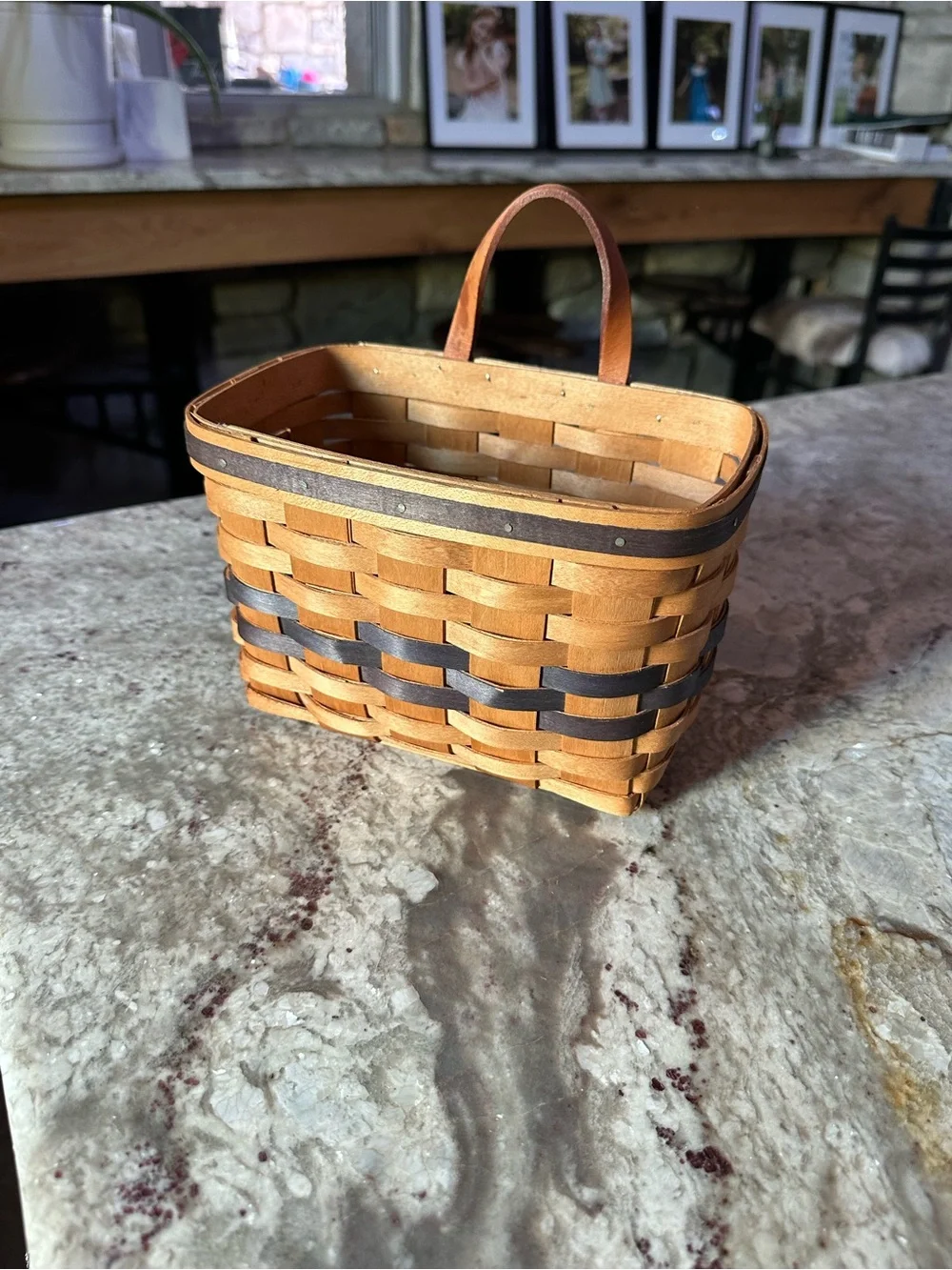 Longaberger Tan and Dark Brown Handwoven Basket with Single Handle